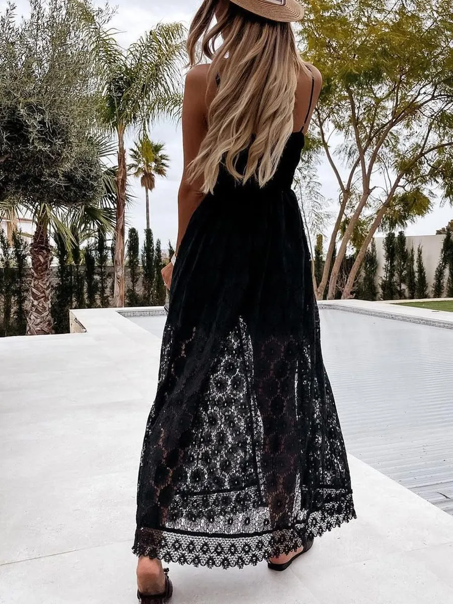 Women's Spaghetti Strap Deep V Neck Lace Hem Maxi Dresses Sleeveless Backless Boho Tassel Beach Ruffle Swing Dresses