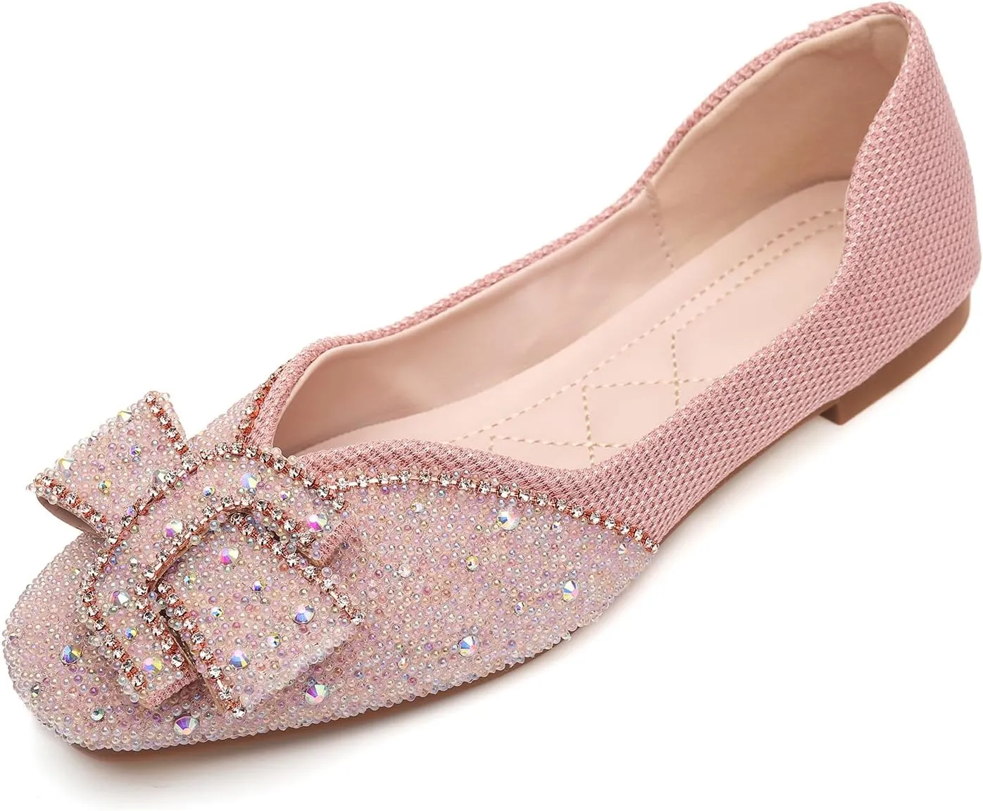 Women's Square Head Flat Shoes Fashion Glittering Rhinestone Bride Wedding Dress Shoes Comfortable Non Slip Slip on Walking Shoes
