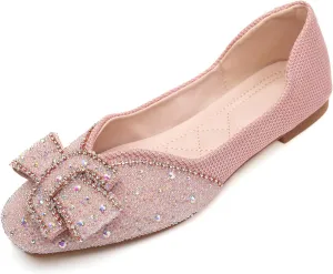Women's Square Head Flat Shoes Fashion Glittering Rhinestone Bride Wedding Dress Shoes Comfortable Non Slip Slip on Walking Shoes