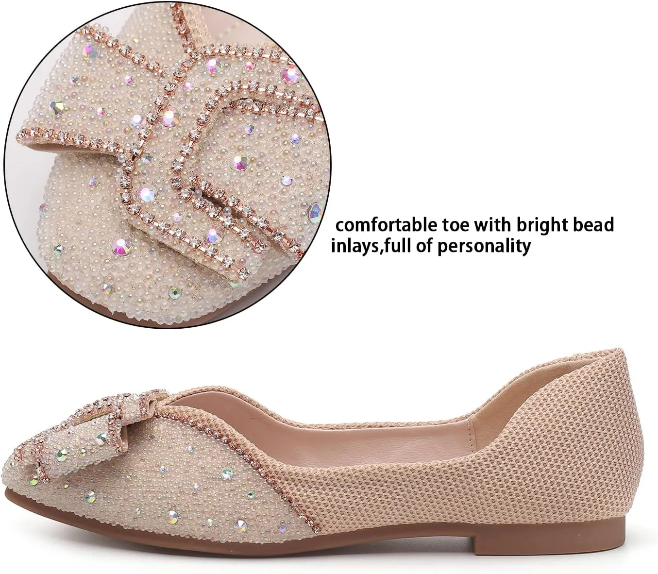 Women's Square Head Flat Shoes Fashion Glittering Rhinestone Bride Wedding Dress Shoes Comfortable Non Slip Slip on Walking Shoes