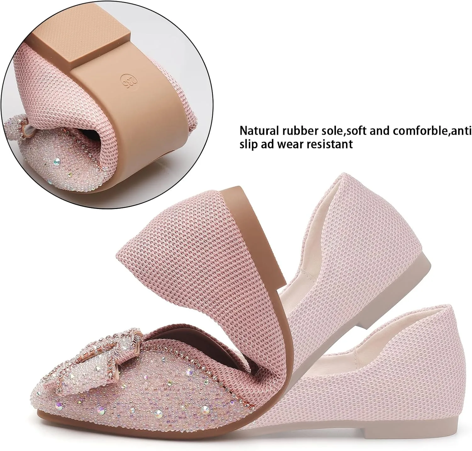 Women's Square Head Flat Shoes Fashion Glittering Rhinestone Bride Wedding Dress Shoes Comfortable Non Slip Slip on Walking Shoes