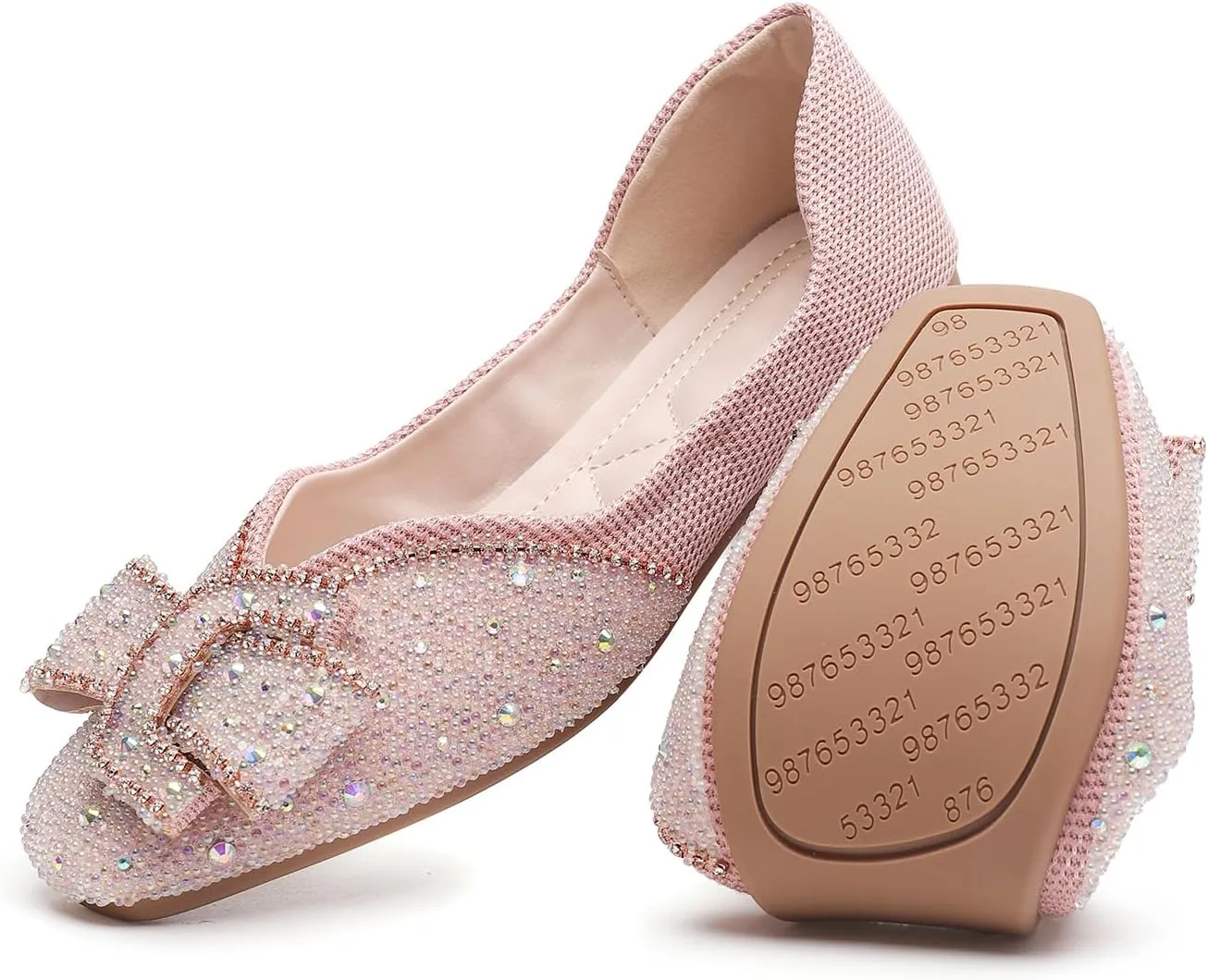 Women's Square Head Flat Shoes Fashion Glittering Rhinestone Bride Wedding Dress Shoes Comfortable Non Slip Slip on Walking Shoes