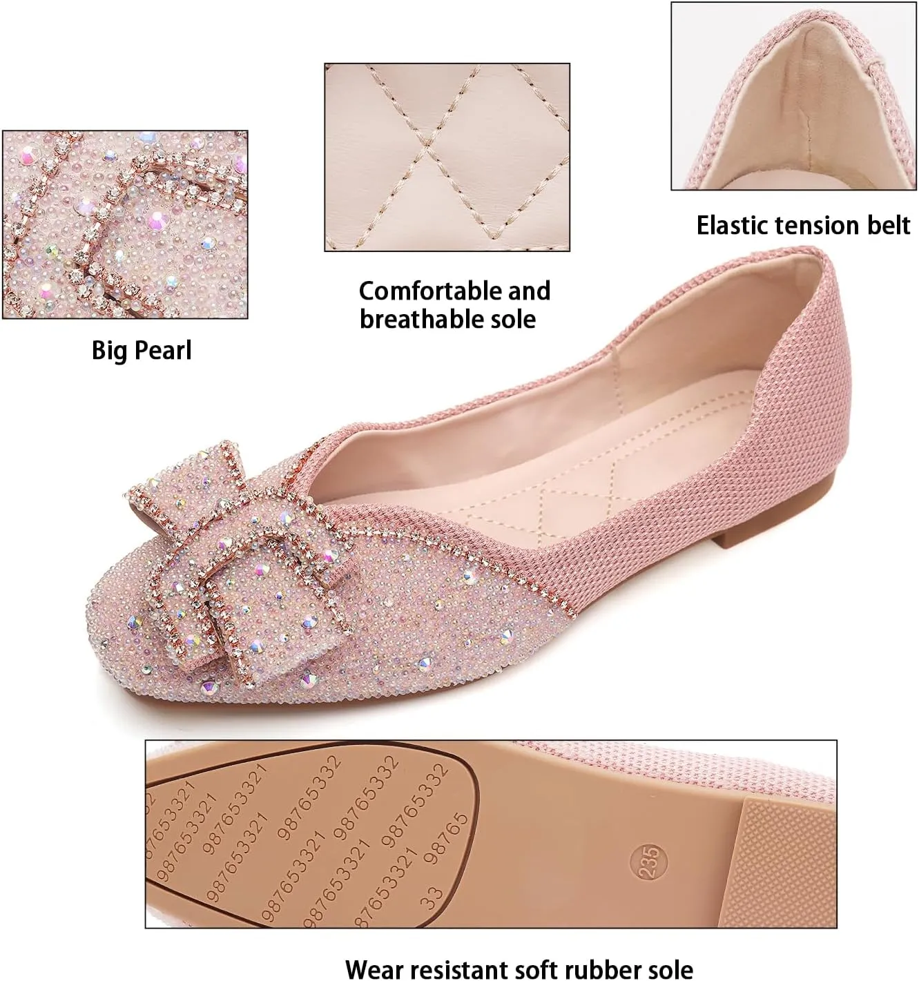 Women's Square Head Flat Shoes Fashion Glittering Rhinestone Bride Wedding Dress Shoes Comfortable Non Slip Slip on Walking Shoes