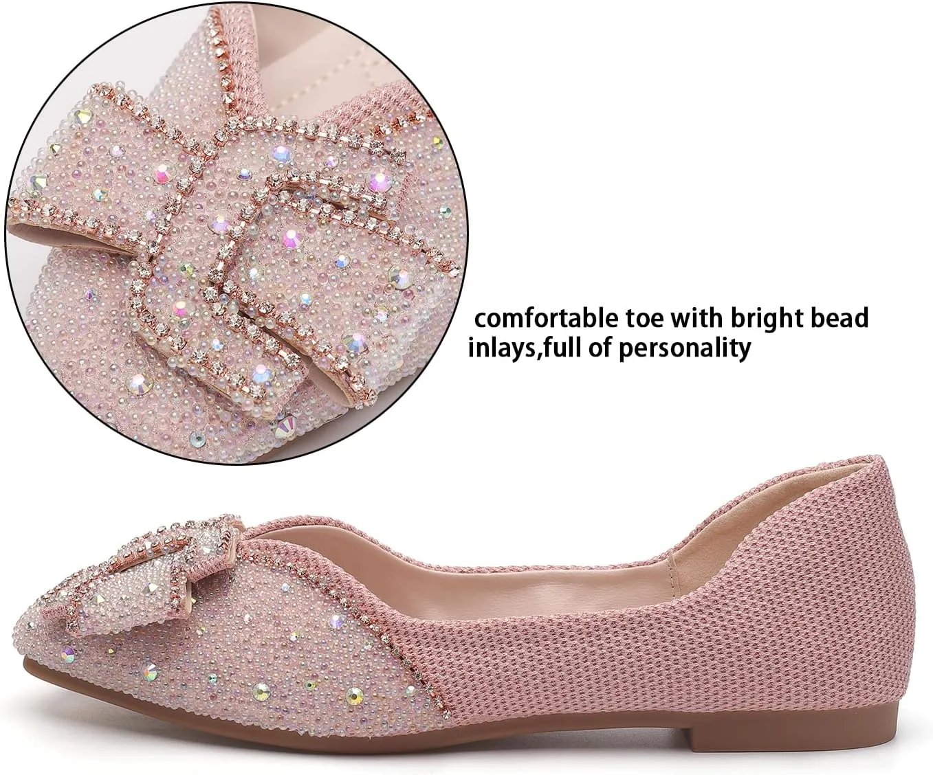 Women's Square Head Flat Shoes Fashion Glittering Rhinestone Bride Wedding Dress Shoes Comfortable Non Slip Slip on Walking Shoes