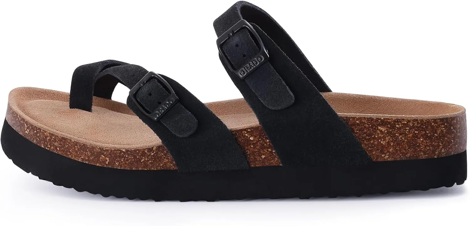 Women's Suede Platform Sandals Cork Footbed Adjustable Comfortable Support Summer Slides