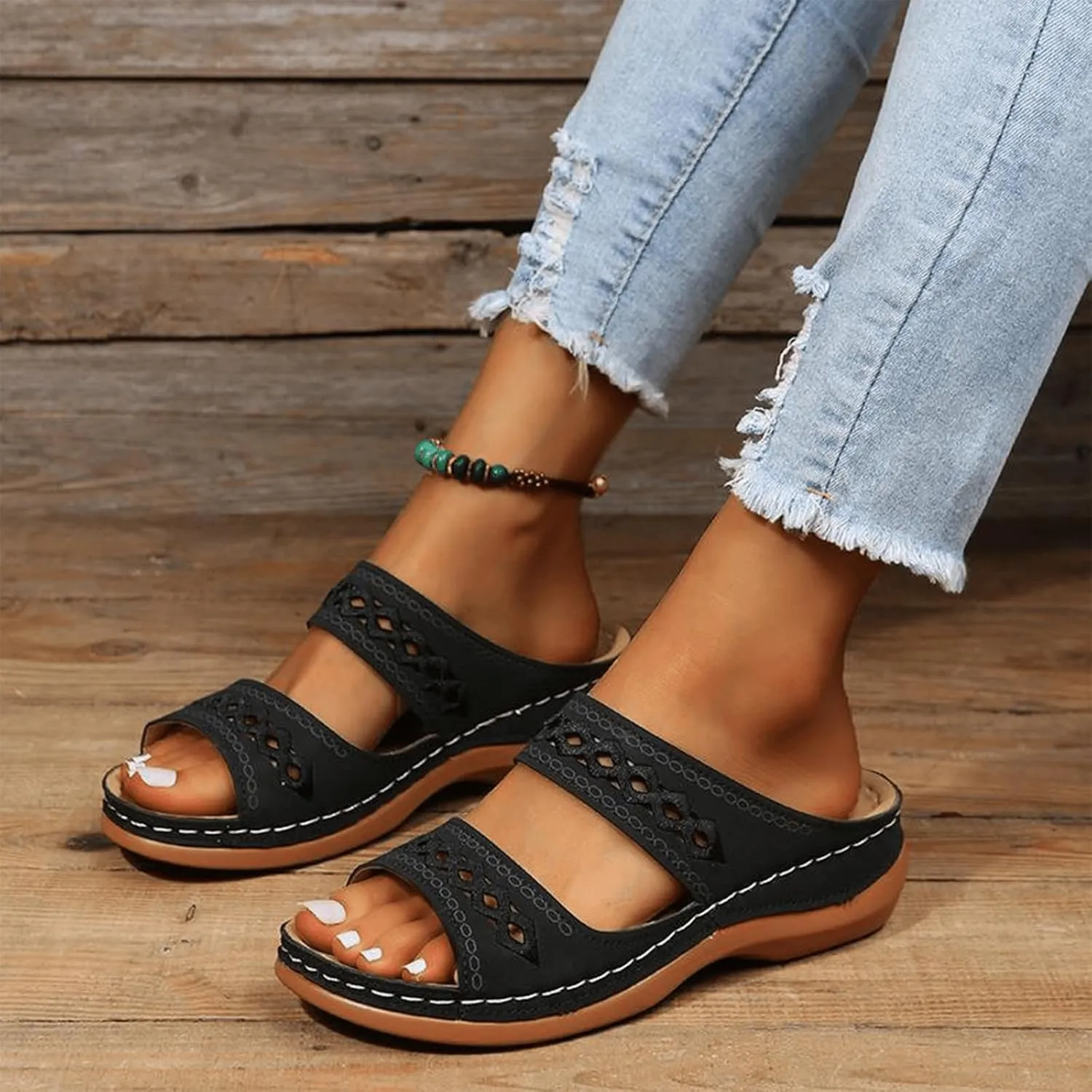 Women's Wedge Sandals - Wide Width, Arch Support, Slip On, Comfortable & Lightweight