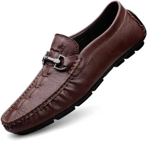 WOUND Loafers for Men Round Toe Leather Crocodile Print Driving Style Loafer Comfortable Flexible Flat Heel Casual Prom Slip-on (Color : Brown, Size : 8)
