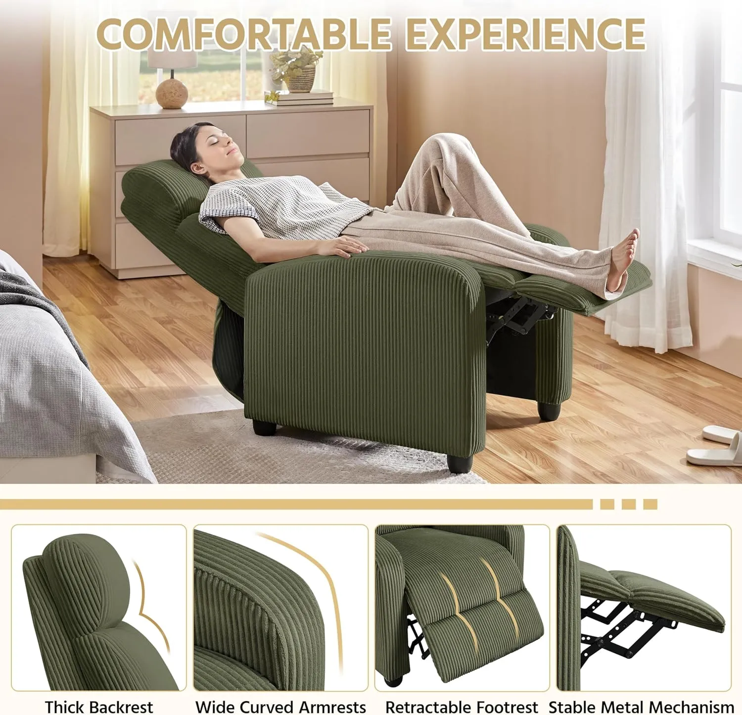 Yaheetech Corduroy Recliner Chair Single Sofa Home Theater Seating Adjustable Modern Reclining Chair for Living Room Bedroom Home Theater Dark Green