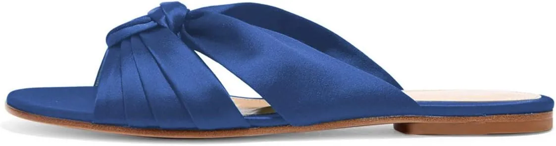 YDN Women Comfortable Cross Strap Satin Slide Sandals Low Heel Backless Slip On Summer Walking Flat Slippers