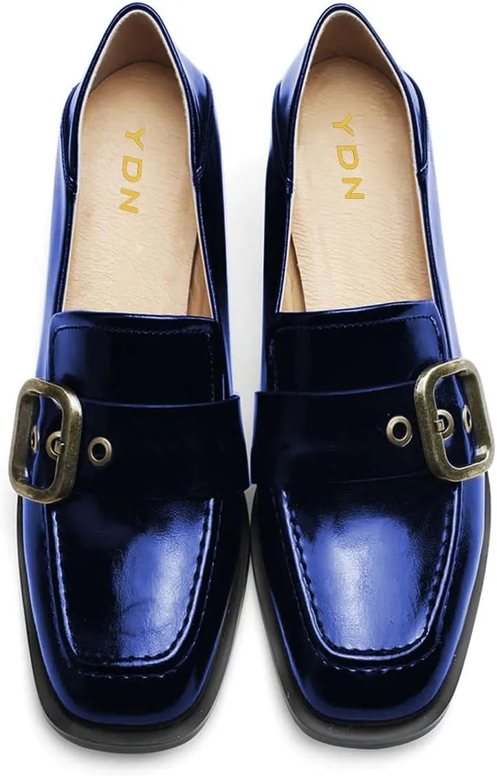 YDN Women Square Toe Heeled Loafers Slip on Block Low Heel Pumps Buckle Fashion Formal Wear Shoes Size 4-15 US