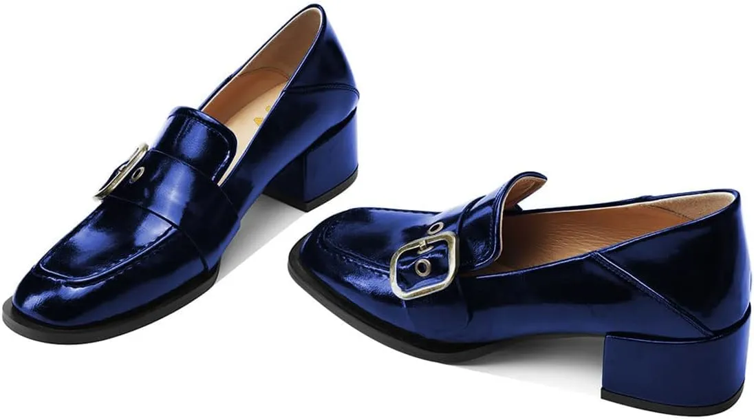 YDN Women Square Toe Heeled Loafers Slip on Block Low Heel Pumps Buckle Fashion Formal Wear Shoes Size 4-15 US
