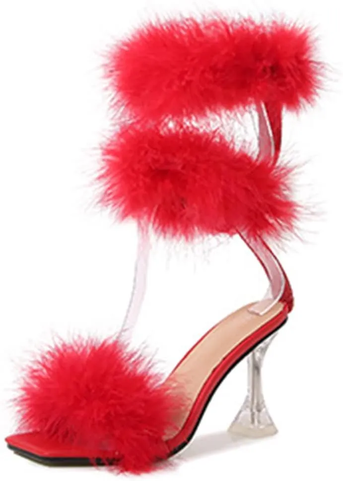YIBLBOX Women's Fluffy Feather Square Toe High Heel Clear Block Heel High Heels Wedding Dress Sandal