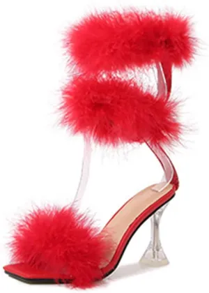 YIBLBOX Women's Fluffy Feather Square Toe High Heel Clear Block Heel High Heels Wedding Dress Sandal