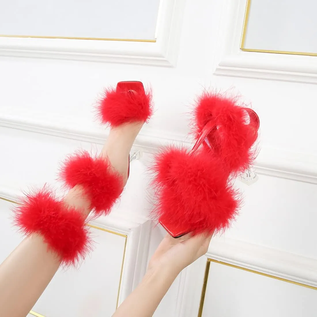 YIBLBOX Women's Fluffy Feather Square Toe High Heel Clear Block Heel High Heels Wedding Dress Sandal