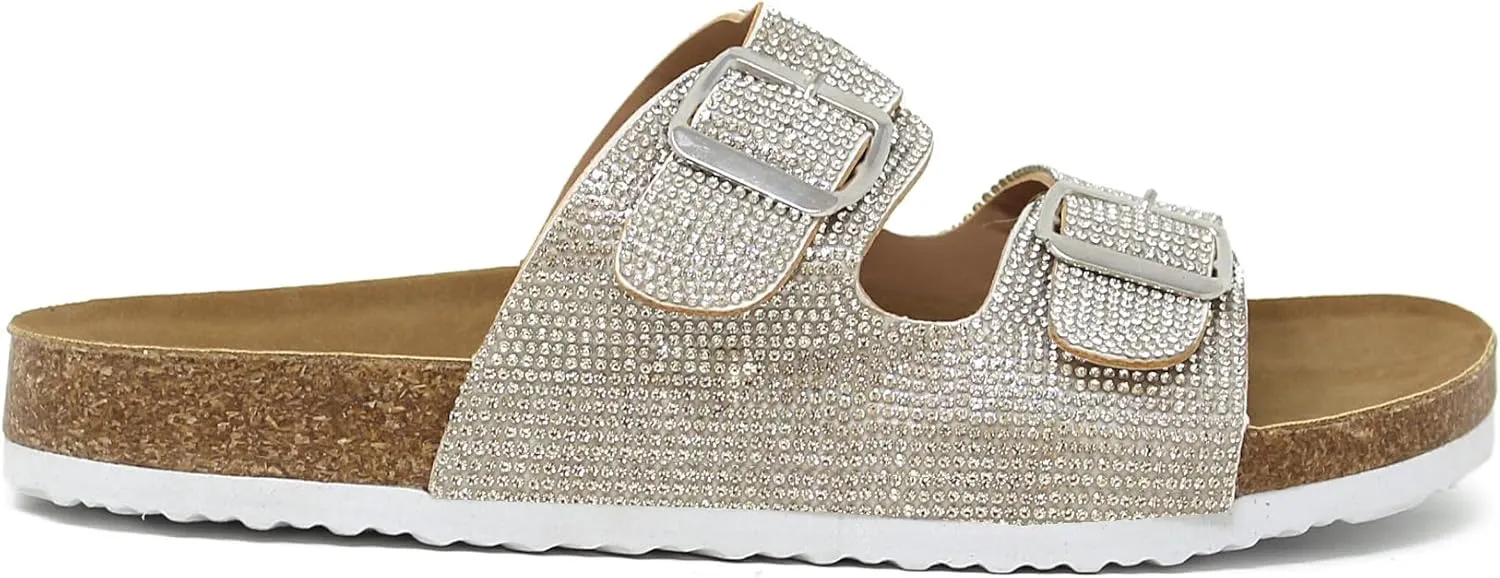 YOKI GIAN-107 Women's Slide Sandal, Rhinestone-Coated Double Buckle, Comfortable Sandals for women