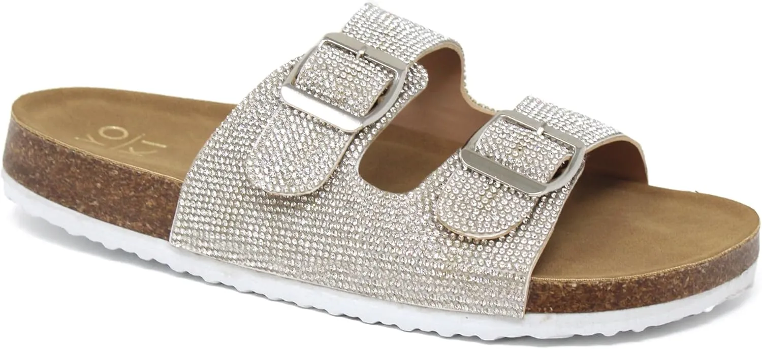 YOKI GIAN-107 Women's Slide Sandal, Rhinestone-Coated Double Buckle, Comfortable Sandals for women