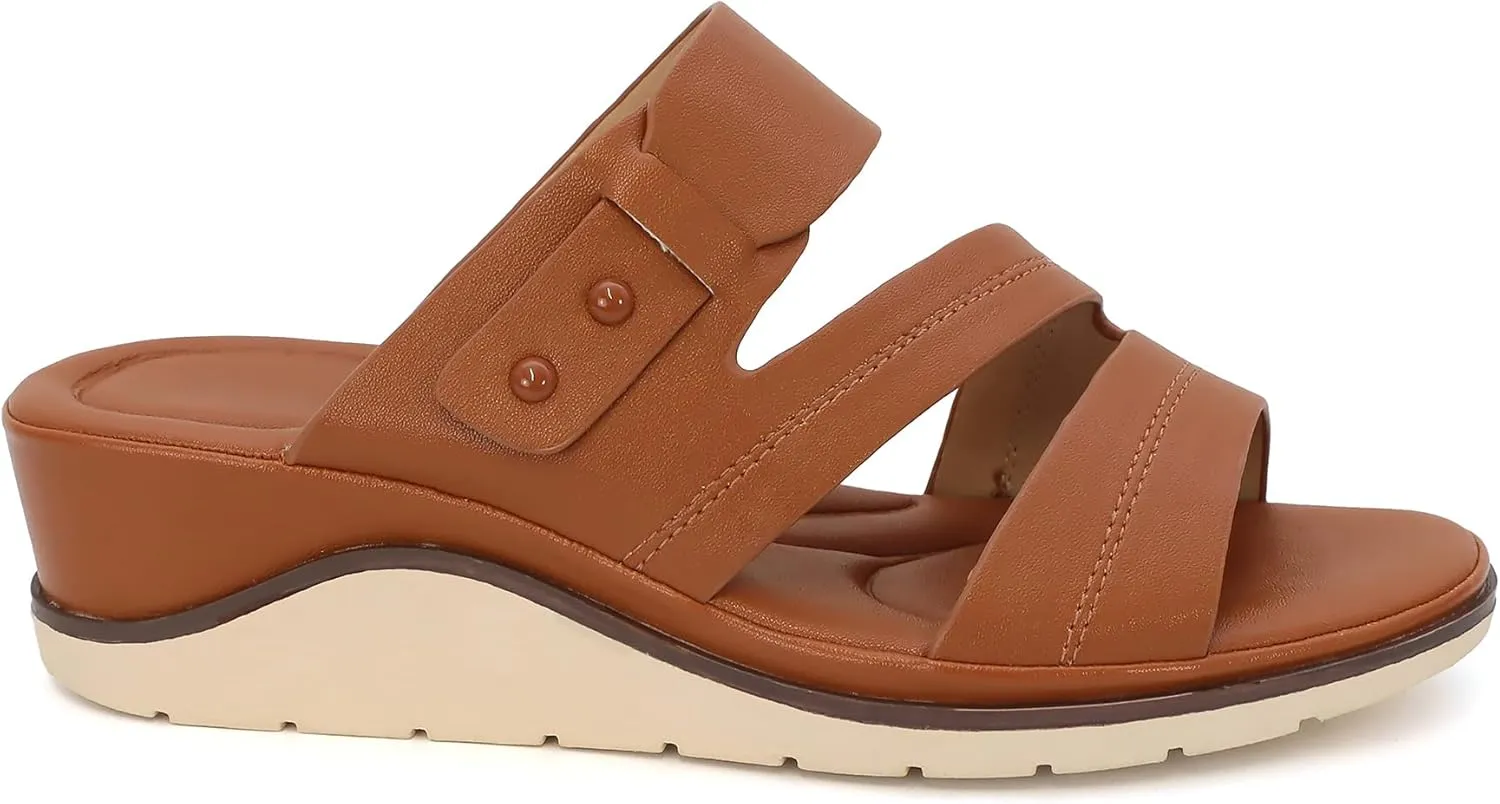 YOKI NOMI-12 Women's Comfort Double Strap Slip On Wedge Sandal, Open Toe Cushioned Footbed Sandal, Wedge Sandals for Women
