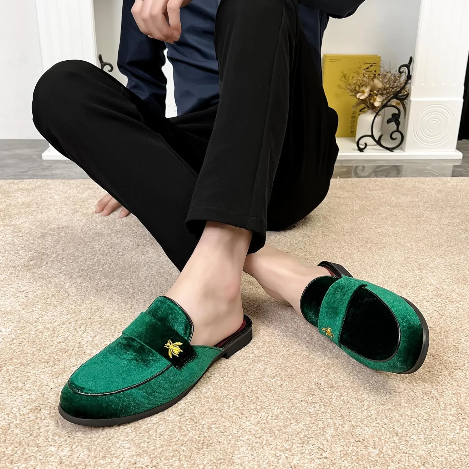 YYQL Mens Slippers with Arch Support Embroidered Leather Sandals for Men Slip On House Shoes with Indoor Outdoor Anti-Skid Rubber Sole Size 7-13