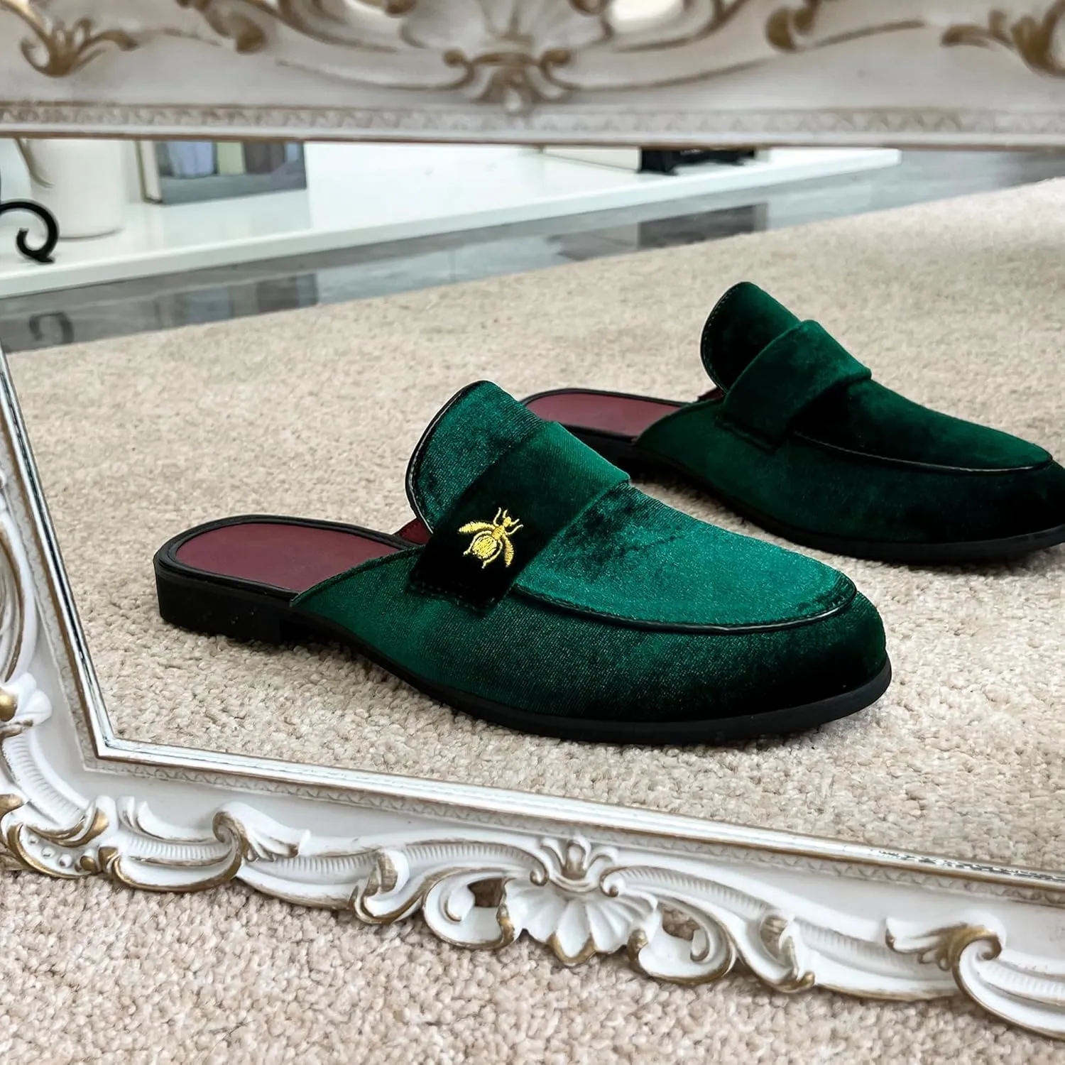 YYQL Mens Slippers with Arch Support Embroidered Leather Sandals for Men Slip On House Shoes with Indoor Outdoor Anti-Skid Rubber Sole Size 7-13