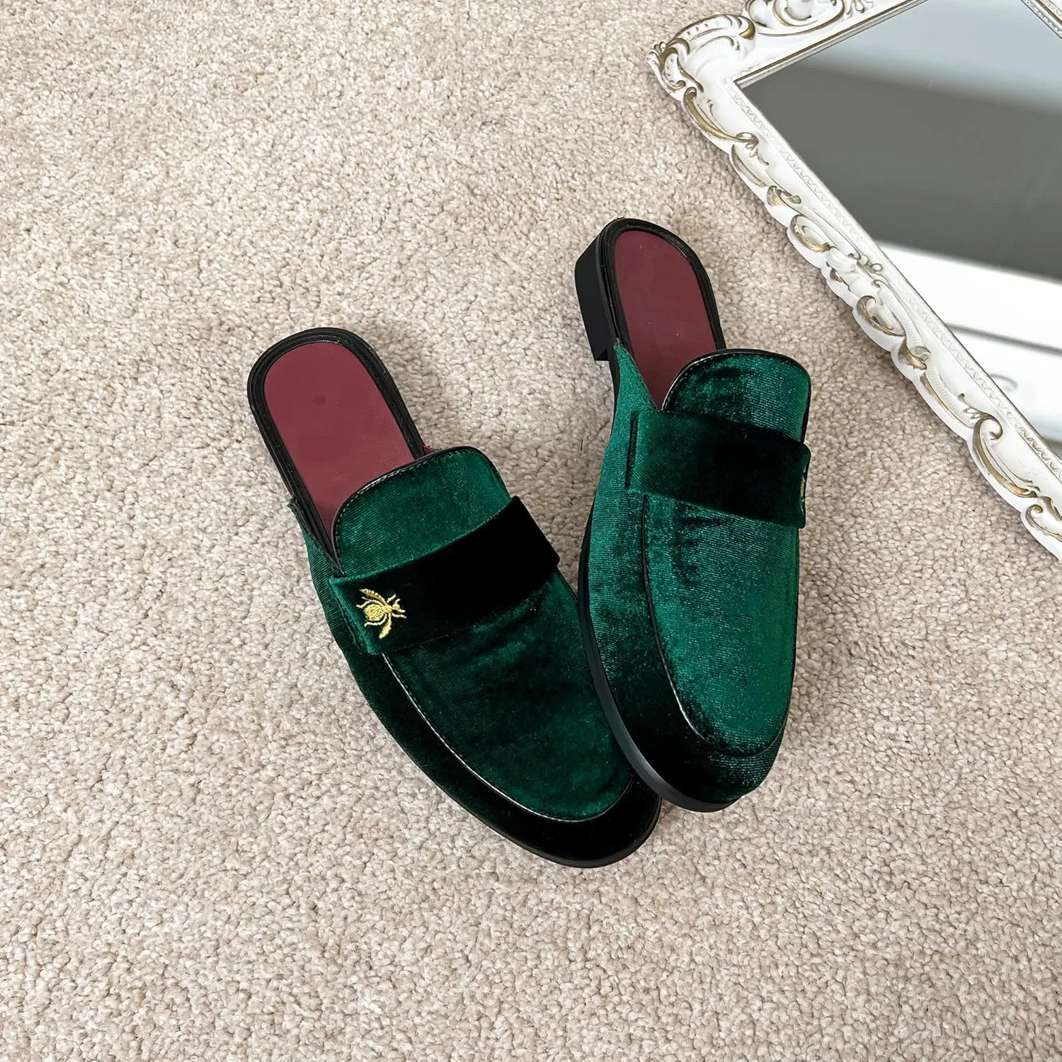 YYQL Mens Slippers with Arch Support Embroidered Leather Sandals for Men Slip On House Shoes with Indoor Outdoor Anti-Skid Rubber Sole Size 7-13