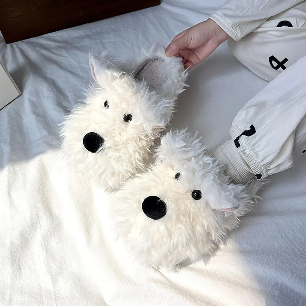 Zureto Women's Dog Slippers, White, One Size, Cartoon, Plush, Memory Foam, Flat, Slip-On, All Seasons