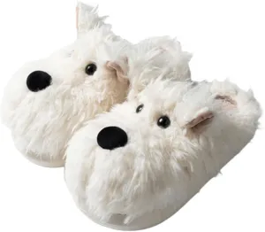 Zureto Women's Dog Slippers, White, One Size, Cartoon, Plush, Memory Foam, Flat, Slip-On, All Seasons