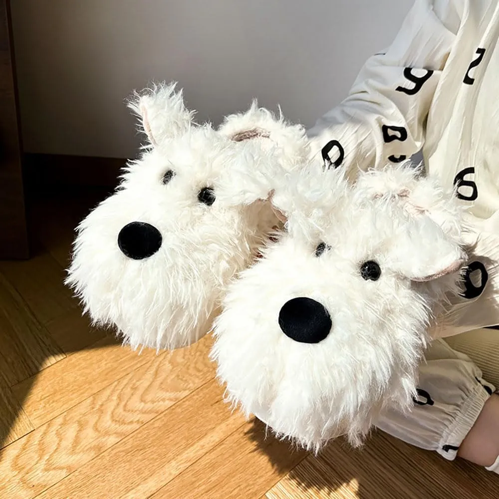 Zureto Women's Dog Slippers, White, One Size, Cartoon, Plush, Memory Foam, Flat, Slip-On, All Seasons