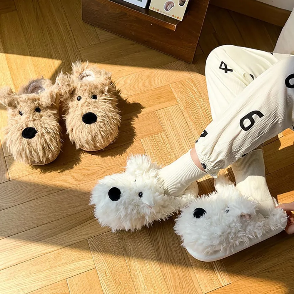 Zureto Women's Dog Slippers, White, One Size, Cartoon, Plush, Memory Foam, Flat, Slip-On, All Seasons